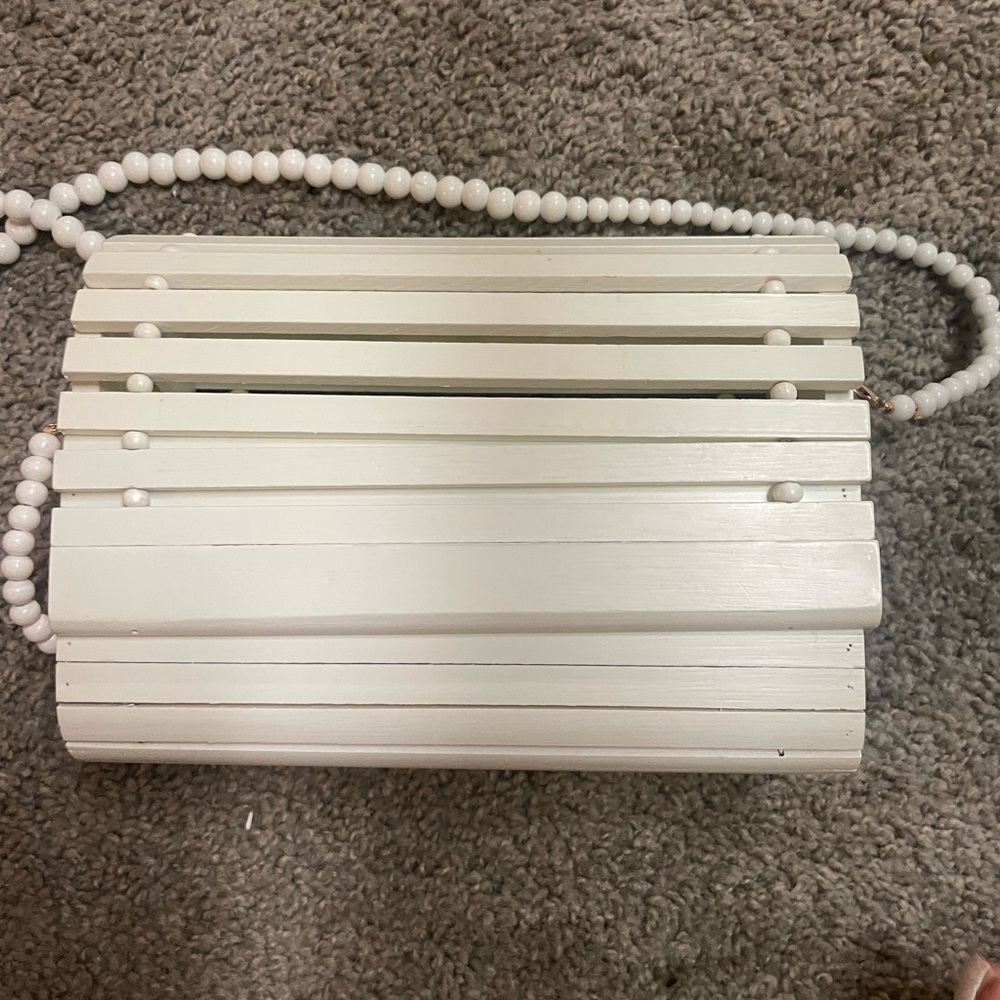 White wooden purse with detachable beaded strap. New.